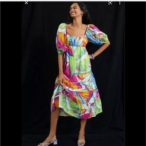 NWT FARM RIO rainbow leaves open back midi dress